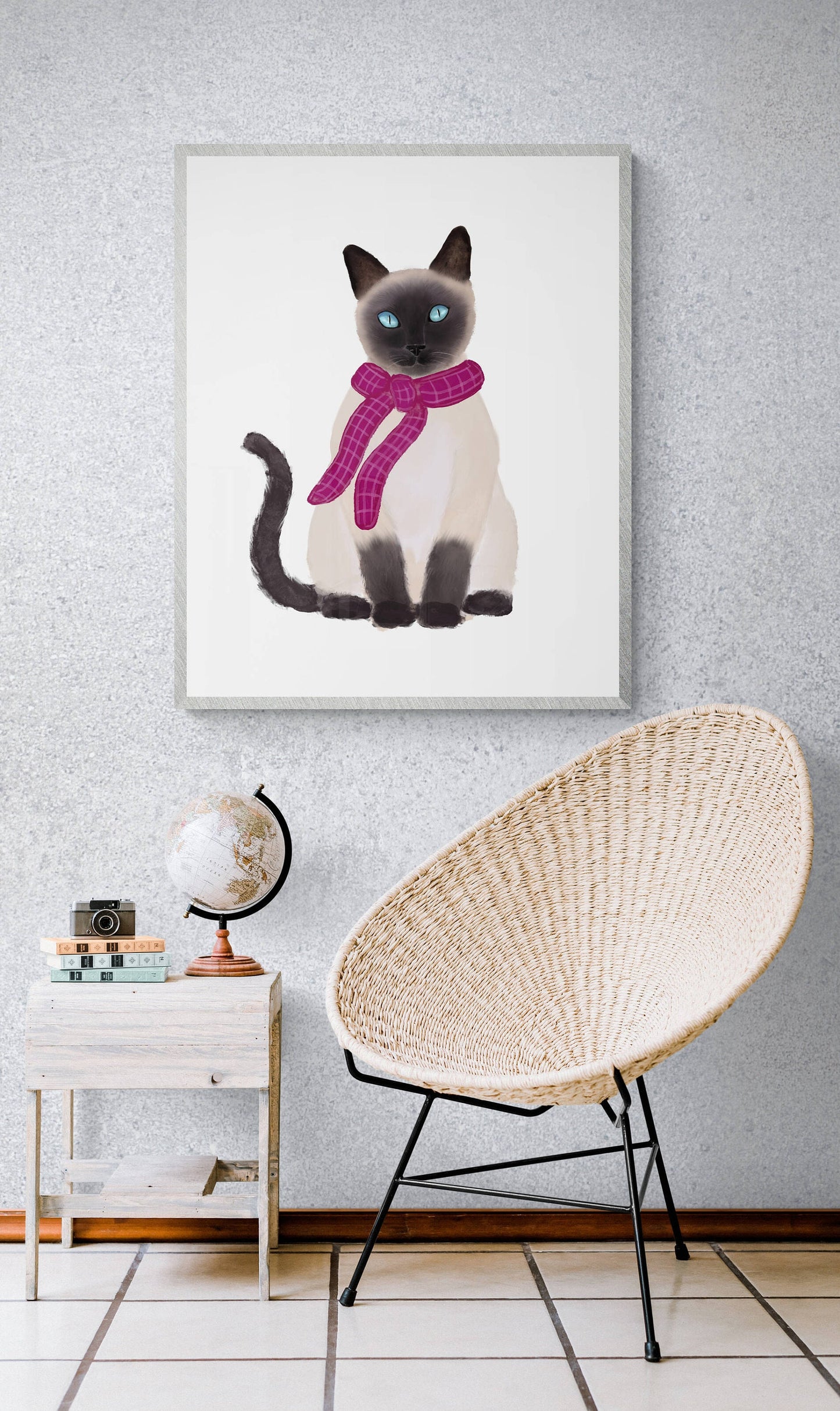 Siamese Cat with Scarf Print, Pets in Fall Painting, Fall Decor, Living Room Home Wall Art, Holiday Art, Cat Illustration, Animal Lover Gift