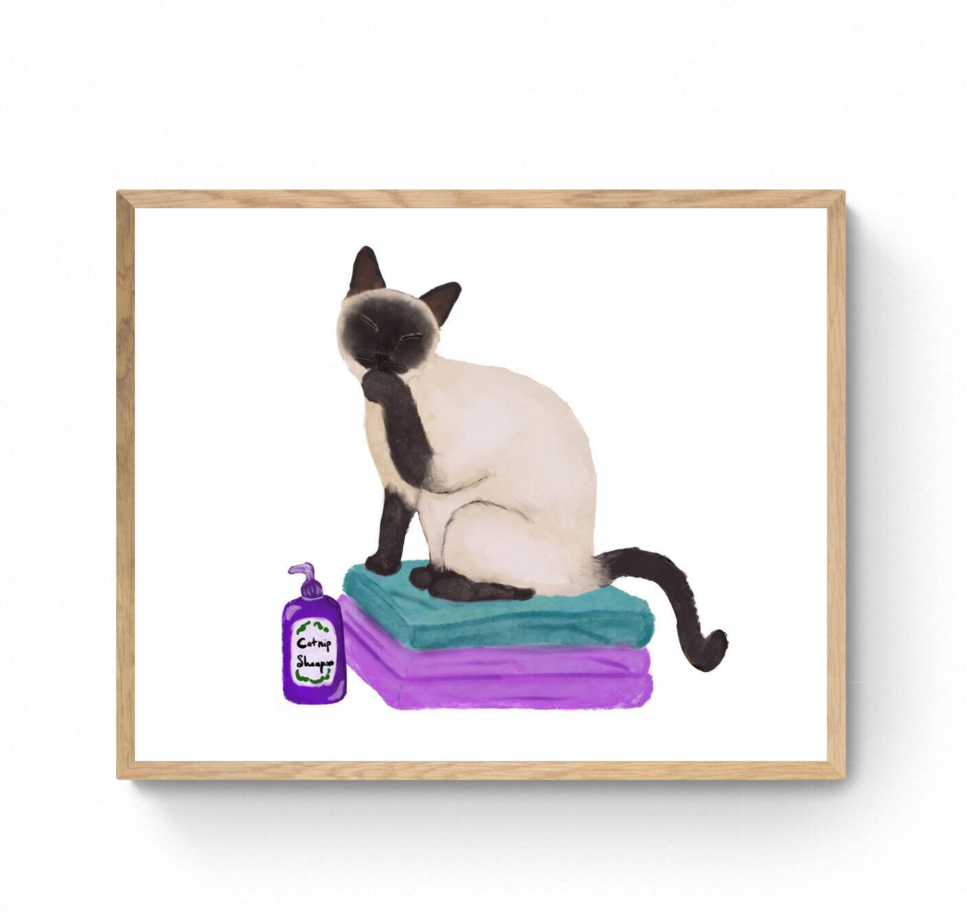 Siamese Cat on Laundry Print, Siamese Cat Sitting on Folded Linens, Laundry Wall Art, Cat Illustration, Home Decor, Cat Memorial