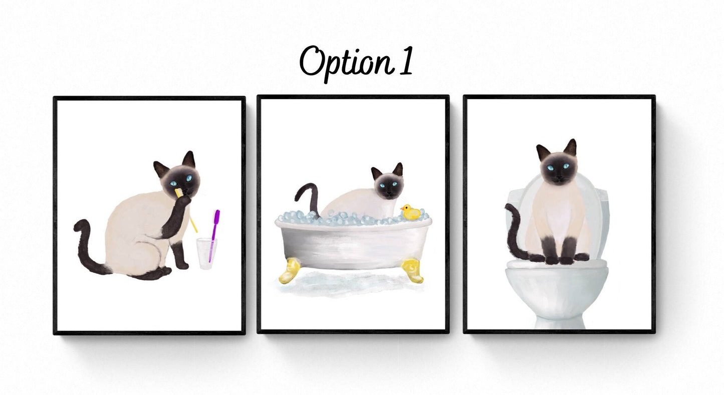 Siamese Cat Bathroom Art Set of 3, Bathroom Wall Decor Set, Cute Black Cat In Bath Art, Cat On Toilet Print, Cat Lover Gift, Cat Spa Day