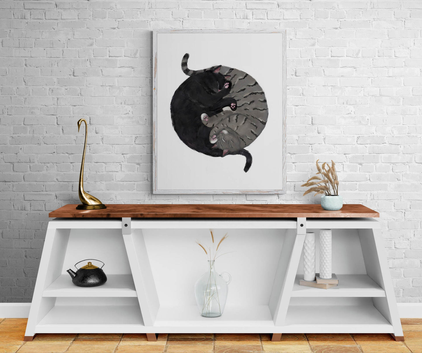 Customized Sleeping Black And  Gray Tabby Cat Print, Custom Cuddling Gray and Black Cat, Cat Illustration, Home Decor, Lazy Cat Painting