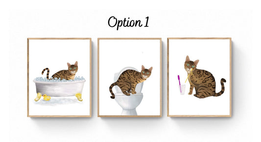 Set of 3 Gold Bengal Cat Bathroom Wall Art, Bathroom Wall Decor Set, Cat In Bath Art, Cat On Toilet Print, Cat Lover Gift