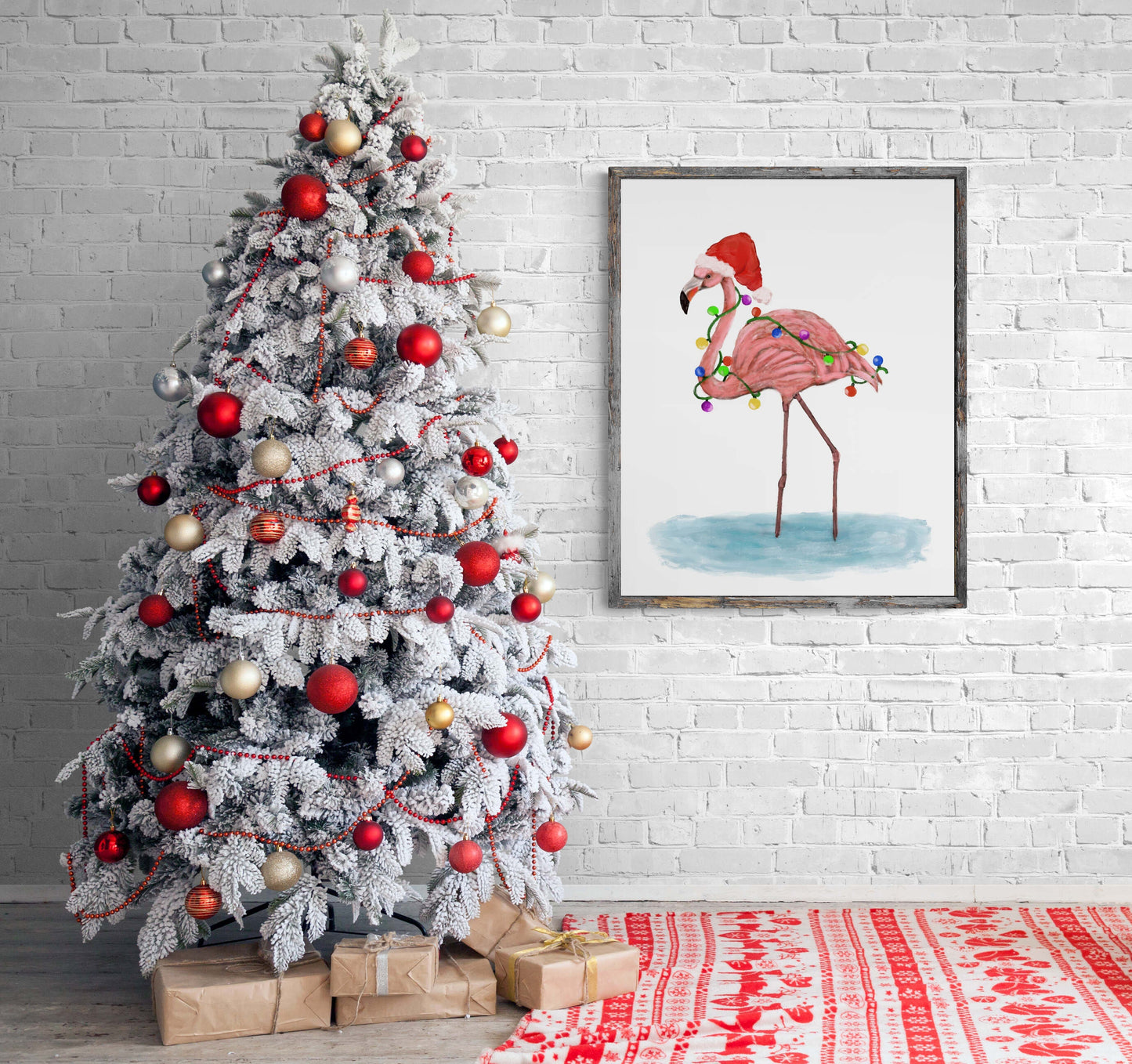 Flamingo with Christmas Lights Print, Winter Artwork, Flamingo Gift, New Years Art, Winter Home Decor, Xmas Flamingo, Unique Wall Art
