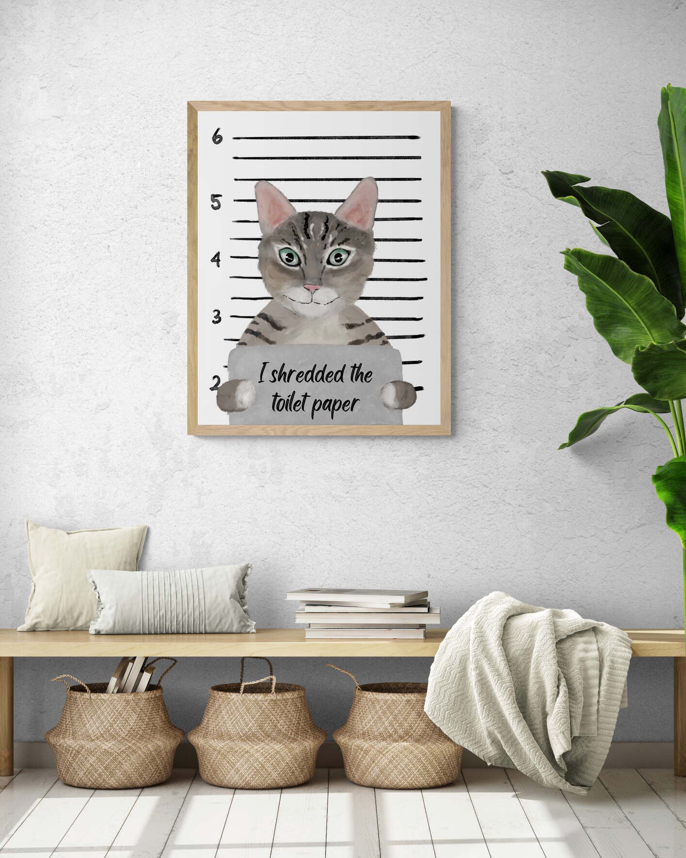 Gray Tabby Cat Mug Shot Print, Tabby Cat in Prison Artwork, Bathroom Painting, Cat With Toilet Paper Print, Cat Lover Gift, Funny Cat Gift