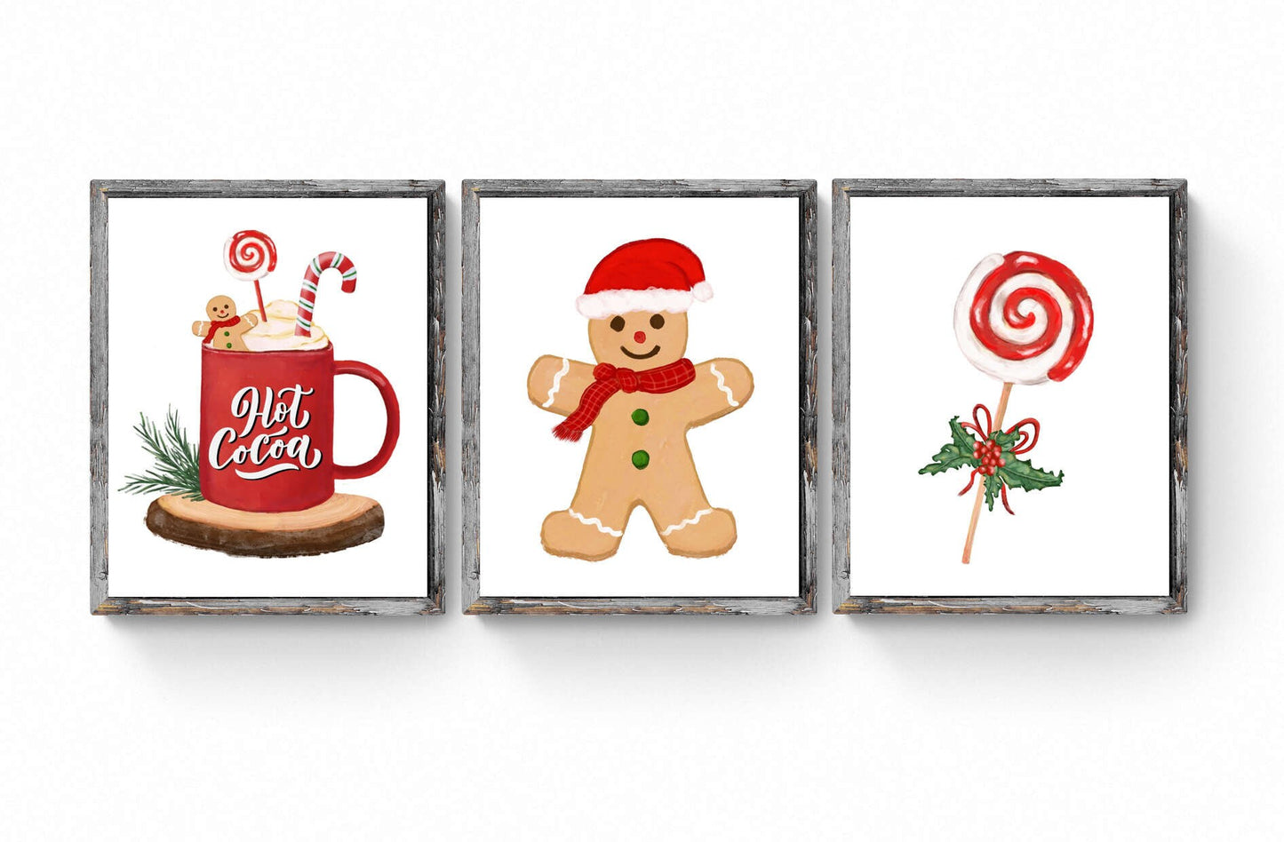 Set of 3 Christmas Prints, Hot Cocoa Painting, Winter Decor, Living Room Home Art, Holiday Wall Art, Chocolate Illustration, Cozy Wall Gift