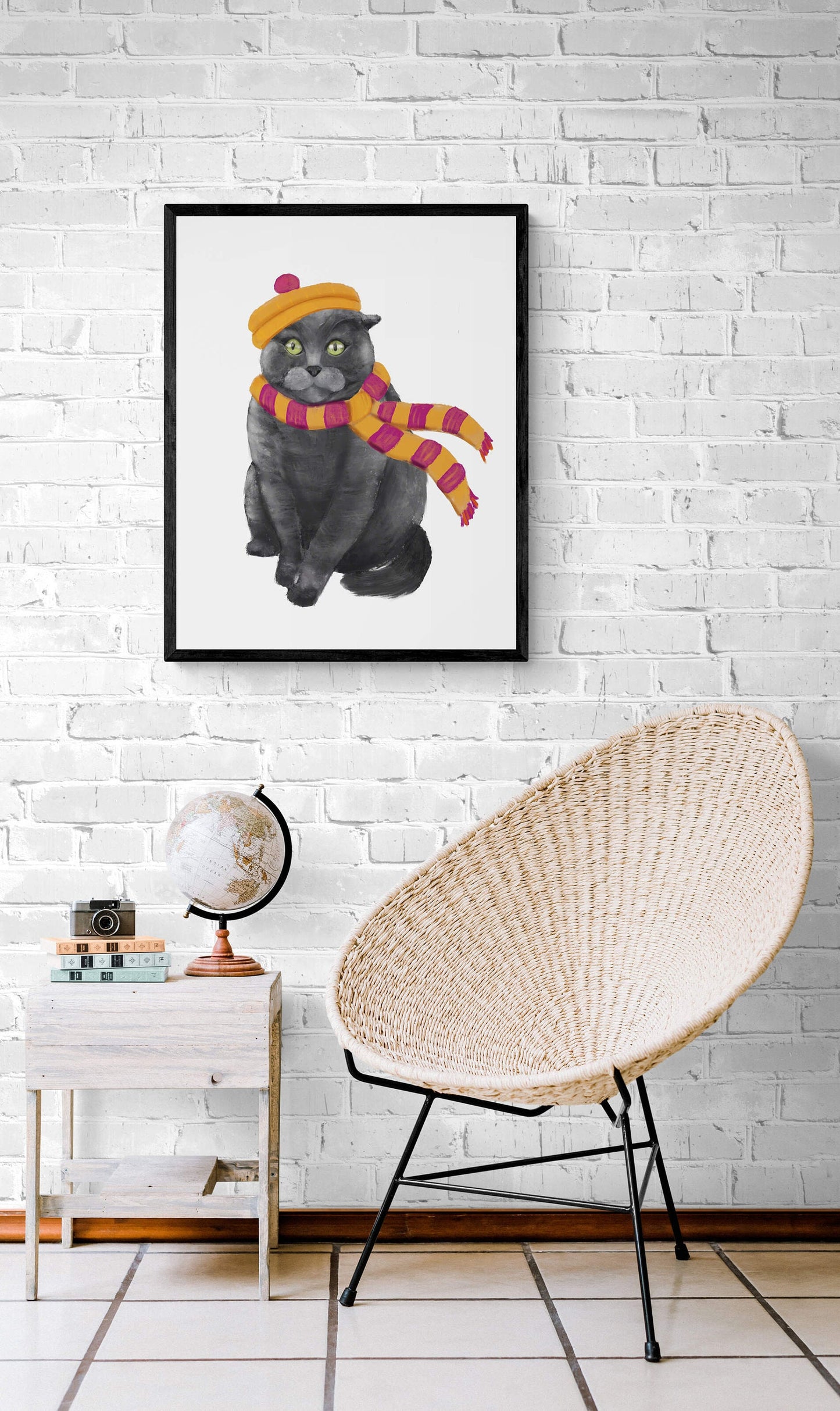Gray Cat with Scarf Print, Pets in Fall Painting, Fall Decor, Living Room Home Wall Art, Holiday Art, Cat Illustration, Animal Lover Gift