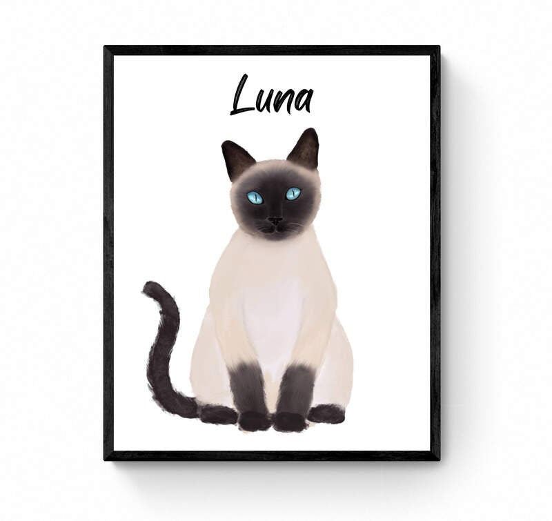 Personalized Siamese Cat Portrait, Customized Cat Name Print, Pet Painting, Siamese Cat With Blue Eyes, Animal Memorial, Cat Lover Gift