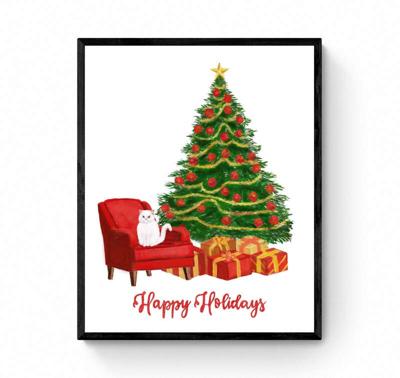Happy Holidays Christmas Tree Art Print, Winter Art, Merry Christmas Sign, New Years Home Decor, Home Wall Decor, Xmas Holiday Decoration