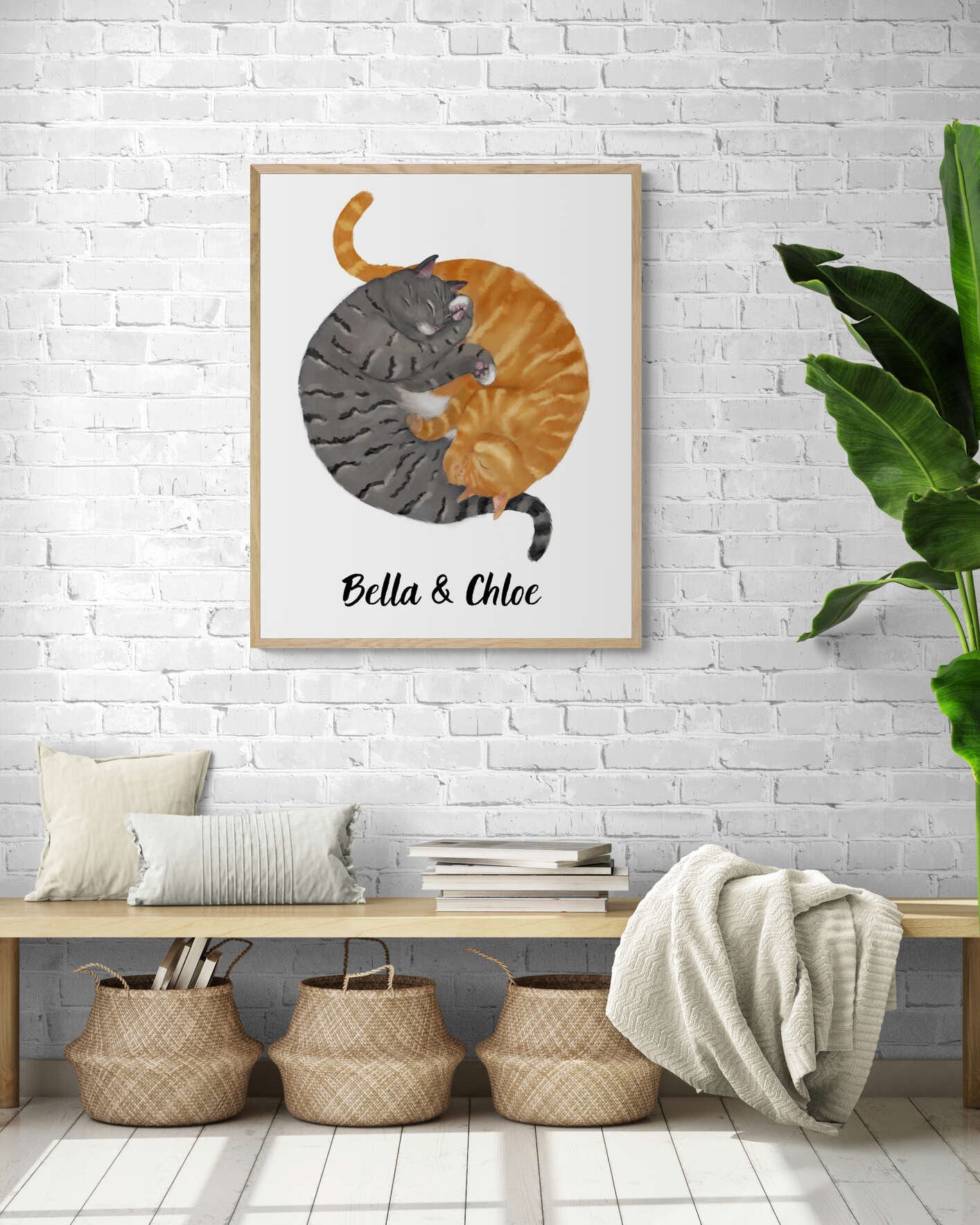 Customized Sleeping Orange And Gray Tabby Cat Print, Custom Cuddling Cats, Cat Illustration, Home Decor, Lazy Cat Painting, Pet Loss Gift
