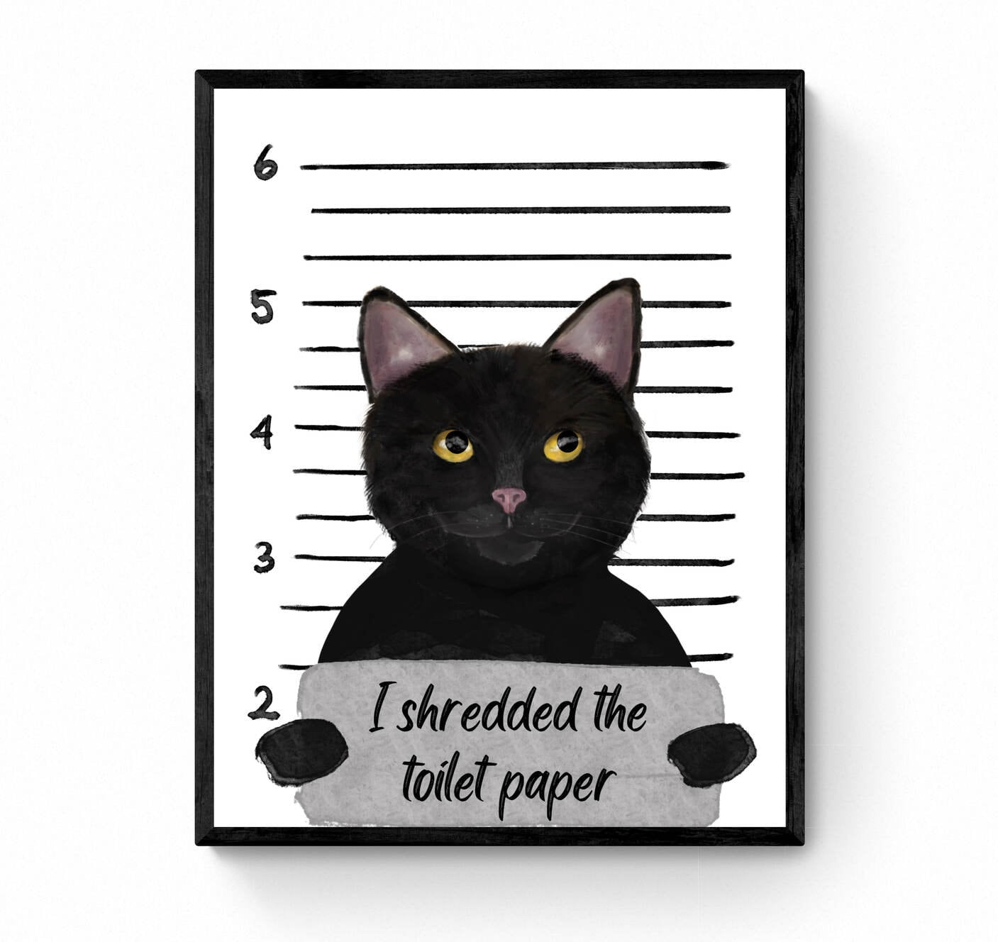Black Cat Mug Shot Print, Black Cat in Prison Artwork, Bathroom Painting, Cat Shredded Toilet Paper Print, Cat Lover Gift, Funny Cat Gift