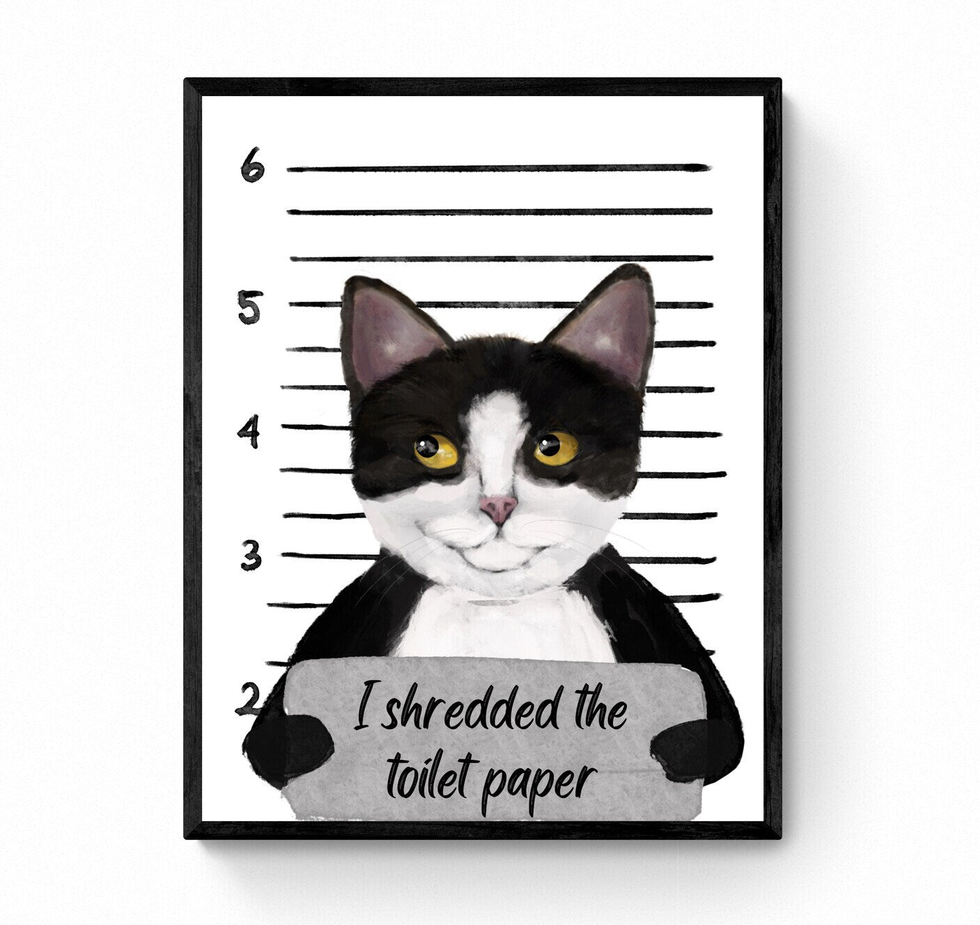 Tuxedo Cat Mug Shot Print, Tuxedo Cat in Prison Artwork, Bathroom Painting, Cat Shredded Toilet Paper Print, Cat Lover Gift, Funny Cat Gift