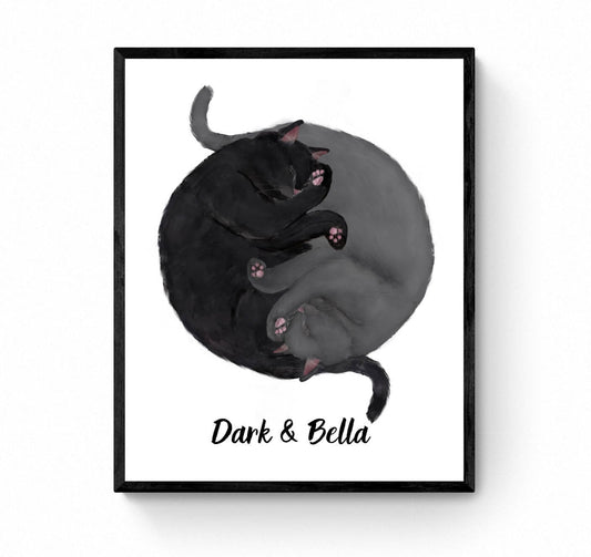 Customized Sleeping Black And  Gray British S Cat Print, Custom Cuddling Gray and Black Cat, Cat Illustration, Home Decor, Lazy Cat Painting