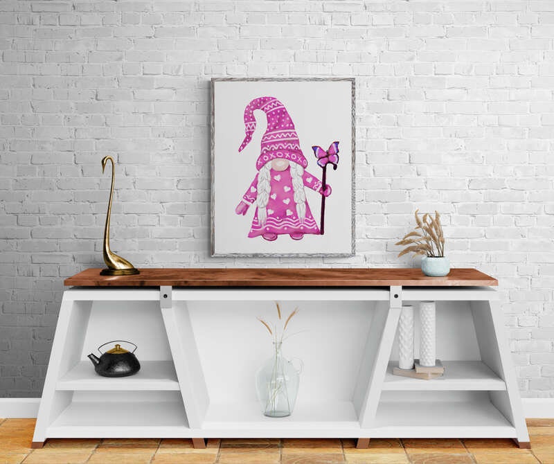 Pink Gnome Wall Art Print, Valentines Day Artwork, Love Wall Art, Valentines Decor, I Love You Art, Holiday Wall Hanging