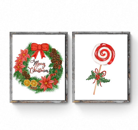 Set of 2 Christmas Prints, Winter Christmas Art, Merry Christmas Wreath and Peppermint Swirl Candy Artwork, New Years Home Decoration