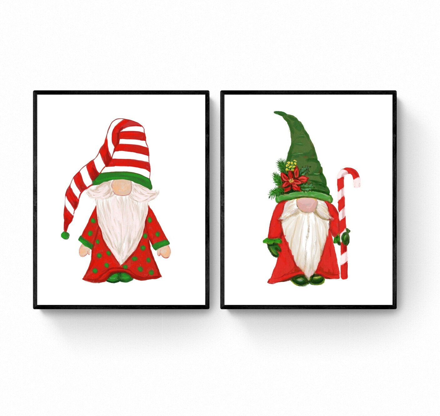 Set of 2 Gnome Prints, Winter Christmas Art, Gnome Gift, New Years Art, Winter Home Decor, Xmas Gnome, Unique Gifts, Red and Green Artwork