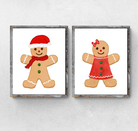 Set of 2 Gingerbread Man Print, Winter Cookie, New Years Gift, Cute Winter Decor, Christmas Gingerbread Man Artwork, Cute Winter Cookie Art