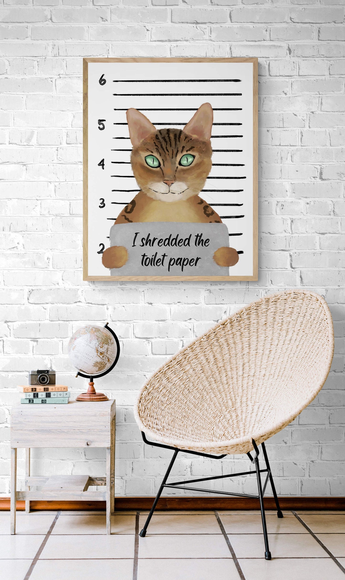 Gold Bengal Cat Mug Shot Print, Bengal Cat in Prison Artwork, Bathroom Painting, Cat With Toilet Paper Print, Cat Lover Gift, Funny Cat Gift