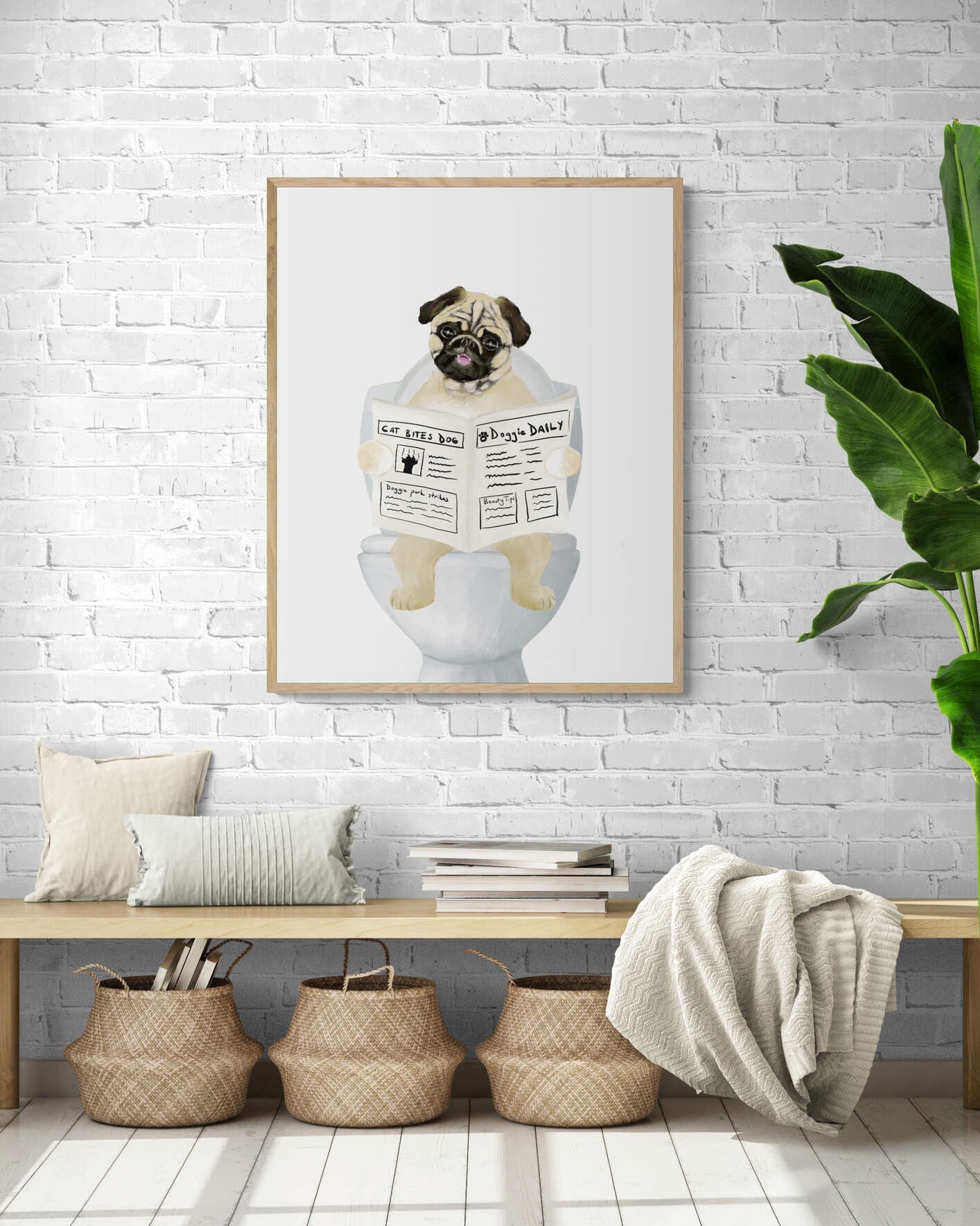 Set of 2 Pug In Bath Prints, Dog Sitting on Toilet Print, Bathroom Art, Bathroom Dog Painting, Dog Reading Newspaper Print, Pug Lover Gift