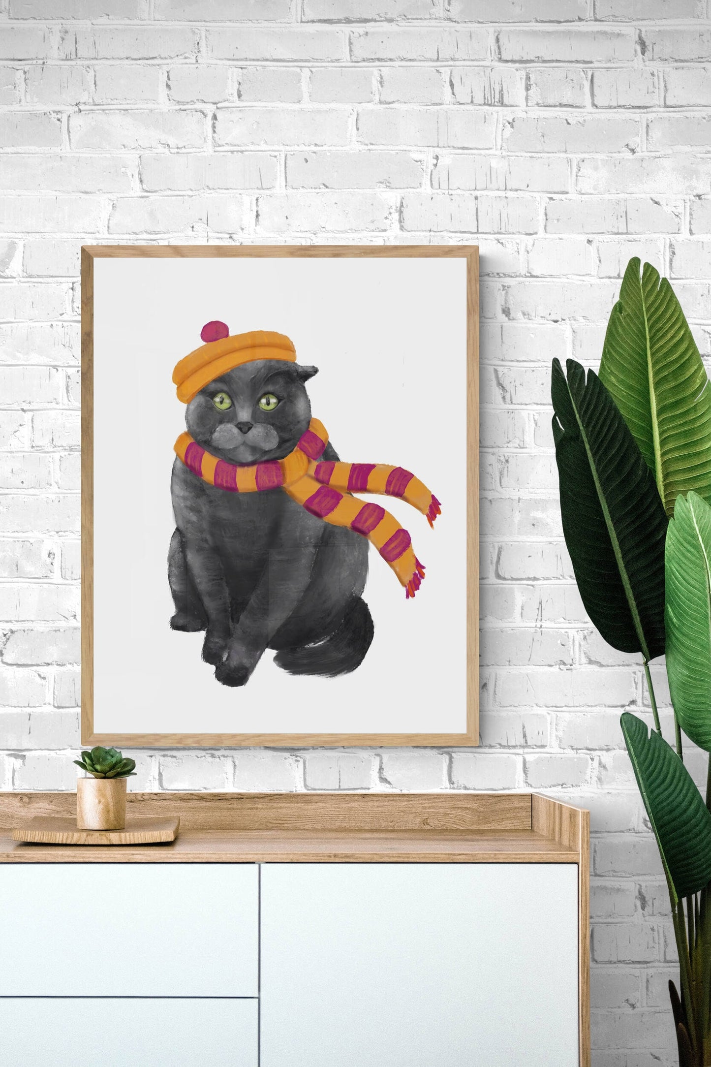 Gray Cat with Scarf Print, Pets in Fall Painting, Fall Decor, Living Room Home Wall Art, Holiday Art, Cat Illustration, Animal Lover Gift