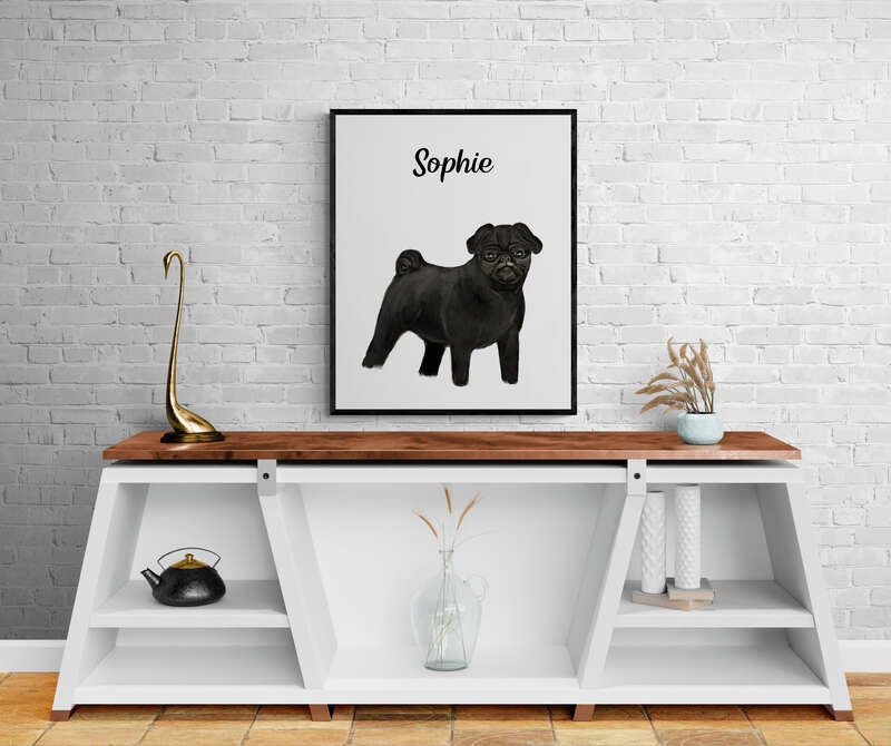 Personalized Black Pug Print, Pug Painting, Cute Pug Portrait, Doggy artwork, Living Room Wall Art, Bedroom Wall Print, Puppy Home Decor