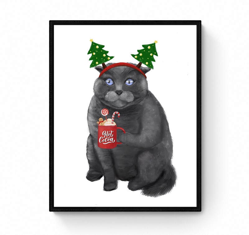 Christmas Scottish Fold Cat Print, Cute Cat Artwork, Scottish With Hot Cocoa, Cat Illustration, Home Decor, Kitten Painting, Cat Lover Gift