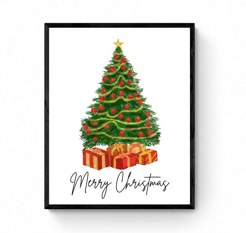 Merry and Red Christmas Tree Art Print, Winter Art, Merry Christmas Sign, New Years Home Decor, Home Wall Decor, Xmas Holiday Decoration