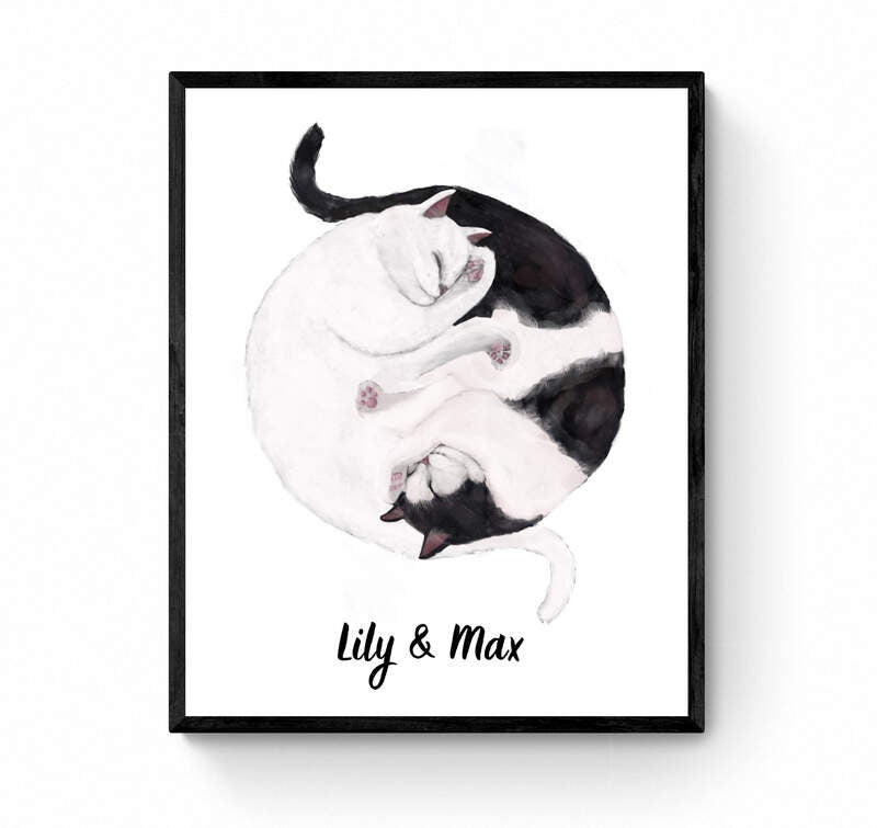 Customized Sleeping Tuxedo And White Tabby Cat Print, Custom Cuddling Cats, Cat Illustration, Home Decor, Lazy Cat Painting, Pet Loss Gift