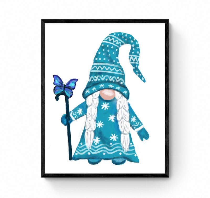 Blue Gnome with Butterfly Print, Scandinavian Christmas Art, Nordic Gnome Gift, New Years Art, Winter Home Decor, Xmas Gnome, Bird Portrait