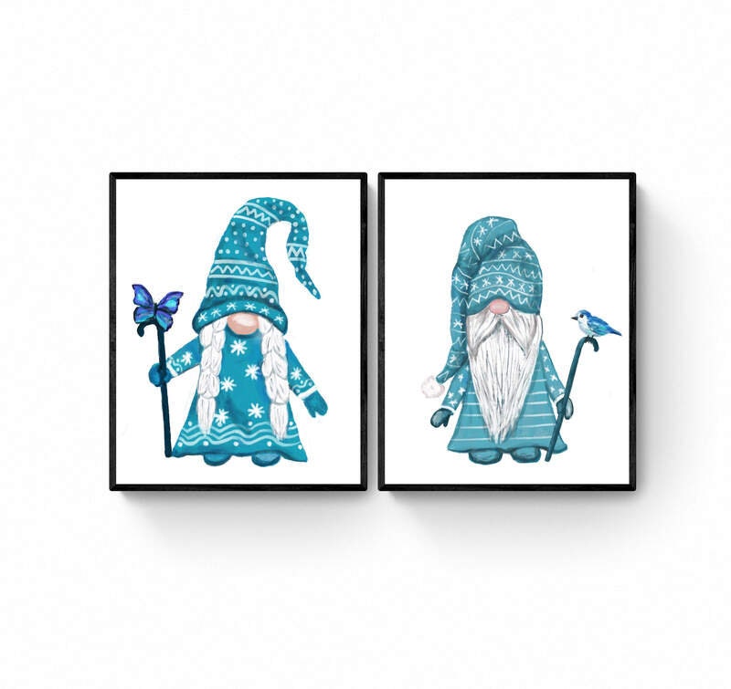 Set of 2 Blue Gnome Print, Scandinavian Christmas Art, Nordic Gnome Gift, New Years Art, Winter Home Decor, Xmas Gnome, Bird Portrait
