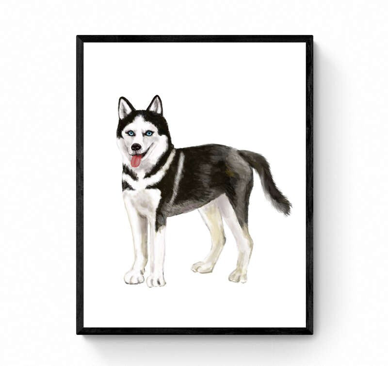 Siberian Husky Print, Husky Portrait, Doggy Artwork, Black and White Dog Painting, Living Room Art, Bedroom Wall Print, Puppy Home Decor