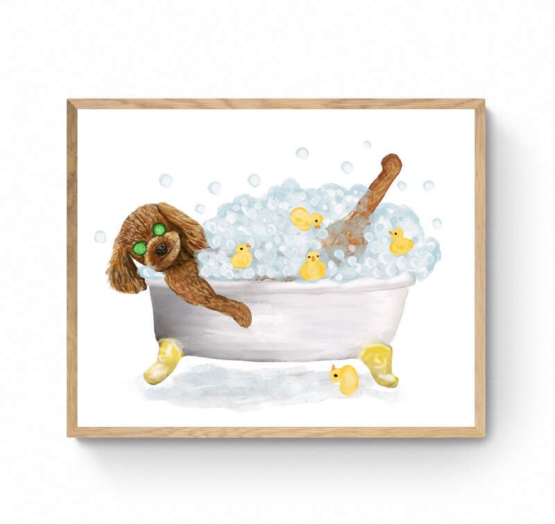 Cute Brown Poodle In Tub Print, Bathing Poodle Print, Bathroom Art, Bathroom Dog Painting, Dog Relaxing In Bath Print, Poodle Lover Gift