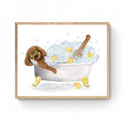 Cute Brown Poodle In Tub Print, Bathing Poodle Print, Bathroom Art, Bathroom Dog Painting, Dog Relaxing In Bath Print, Poodle Lover Gift