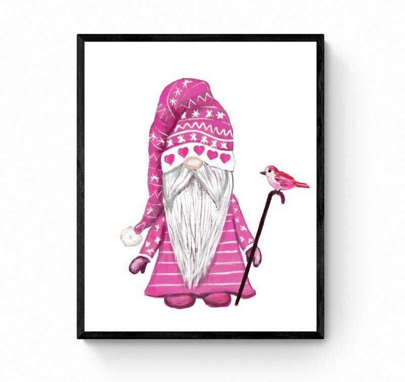 Cute Pink Gnome Wall Art Print, Valentines Day Artwork, Love Wall Art, Valentines Decor, I Love You Art, Holiday Wall Hanging