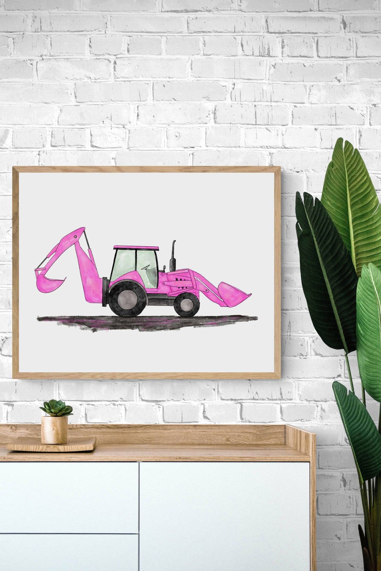 Pink Backhoe Wall Art, Backhoe Loader Painting, Girls Room Construction Print, Construction Vehicles Poster, Nursery Gift, Loader Excavator