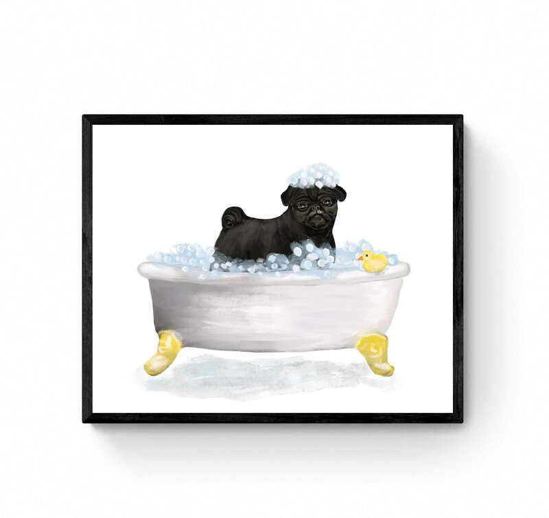 Cute Black Pug In Tub Print, Bathing Pug Print, Bathroom Art, Bathroom Dog Painting, Dog Relaxing In Bath Print, Pug Lover Gift