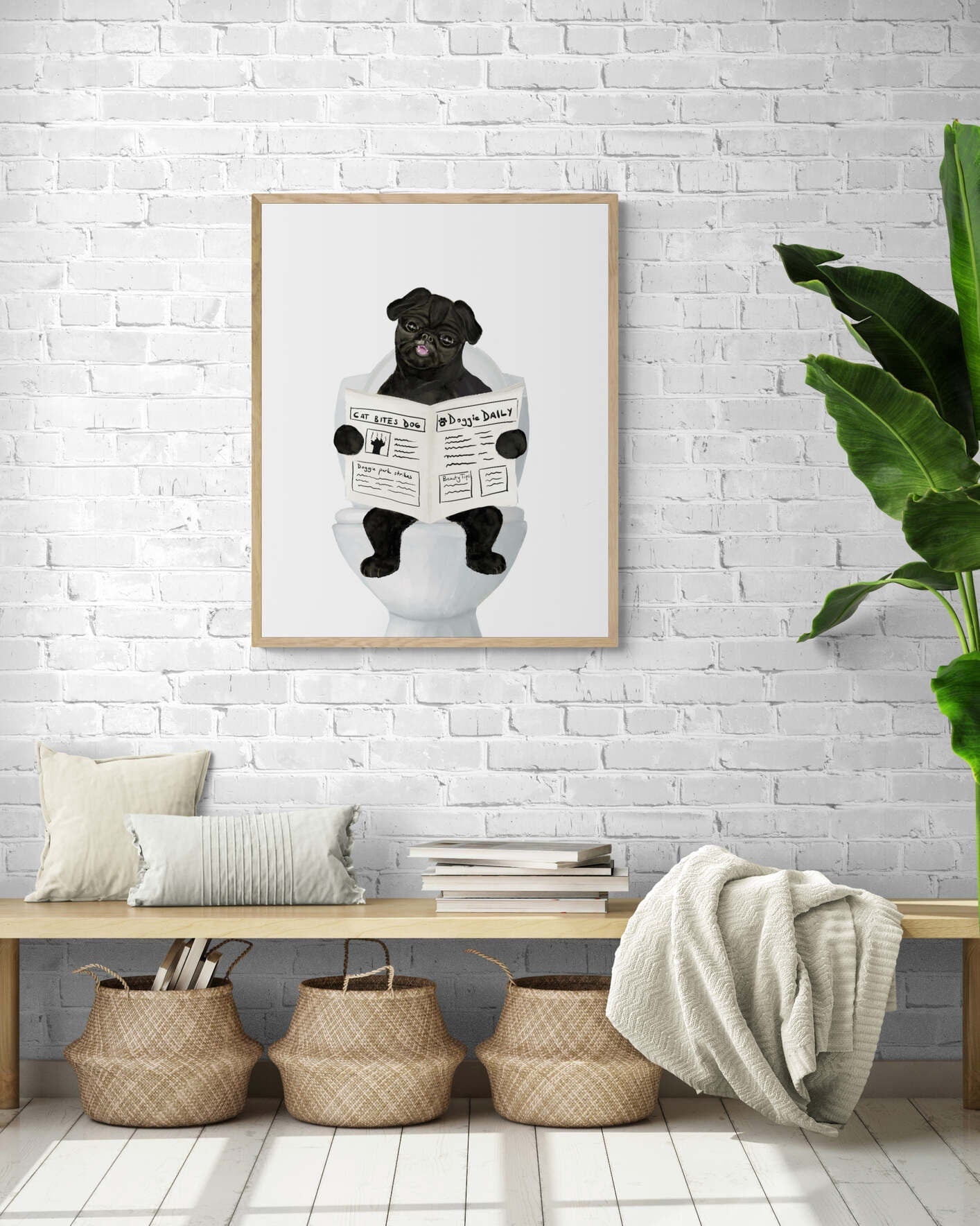 Cute Black Pug On Toilet Print, Dog Sitting on Toilet Artwork, Bathroom Dog Painting, Dog Reading Newspaper Print, Pug Lover Gift