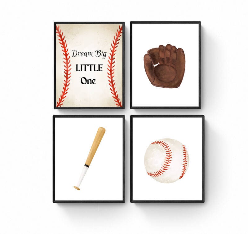 Set of 4 Baseball Prints, Sport Painting, Boys Room Wall Art, Girls Room Print, Toddler Wall Art, Nursery Decor, Sports Lover Gift