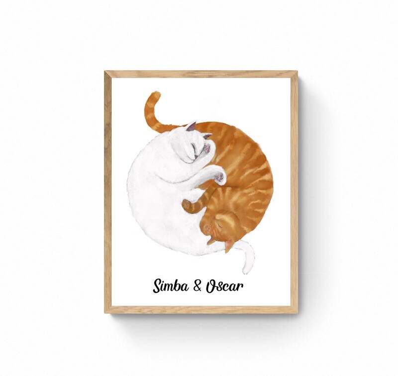 Customized Sleeping White And Orange Tabby Cat Print, Custom Cuddling Ginger and White Cat, Crazy Cat Lady Art, Home Decor, Cat Owner Gift,