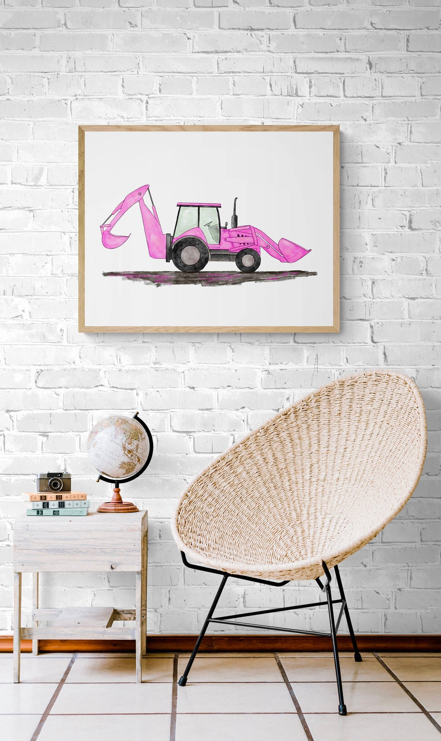Pink Backhoe Wall Art, Backhoe Loader Painting, Girls Room Construction Print, Construction Vehicles Poster, Nursery Gift, Loader Excavator
