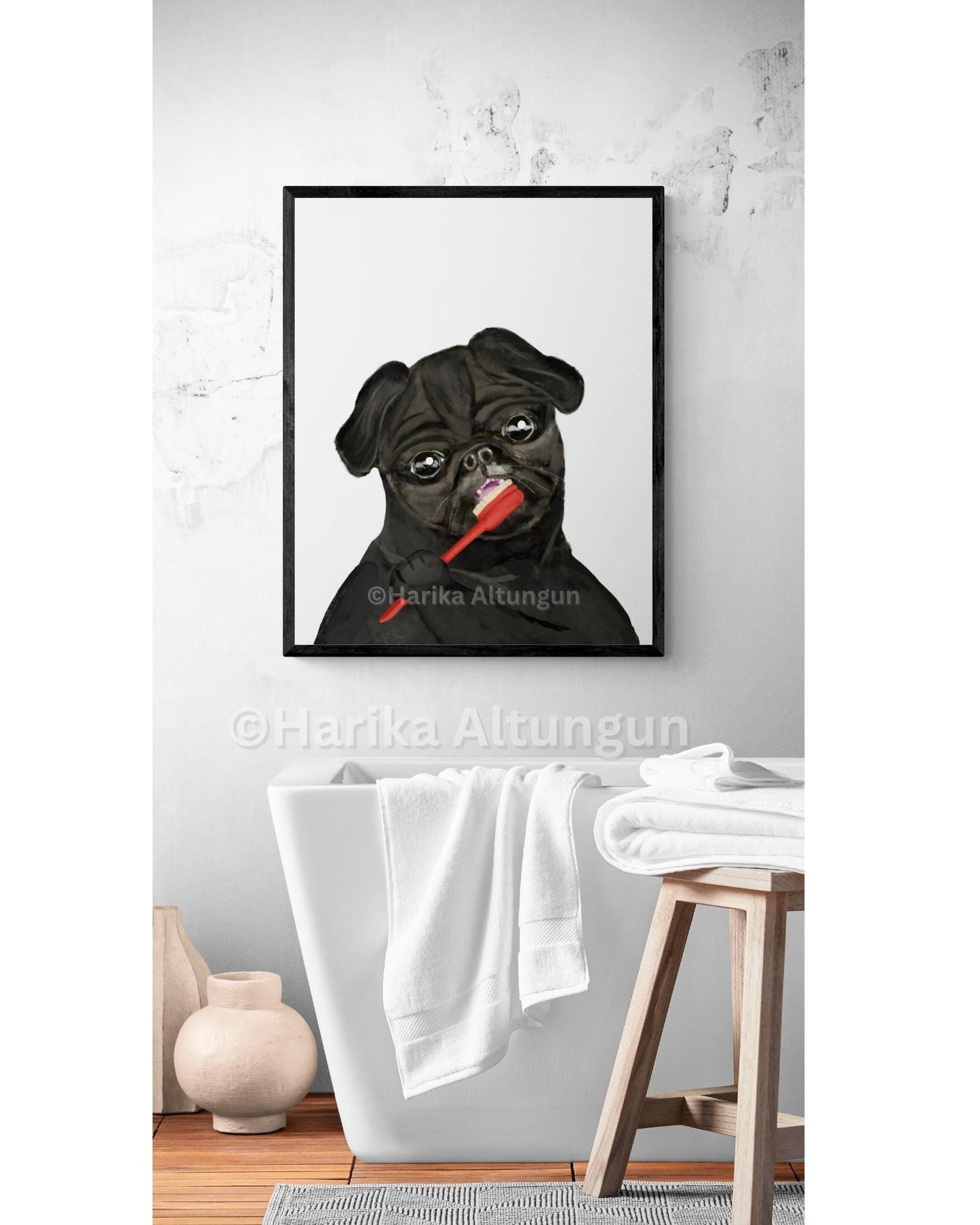 Cute Black Pug Brushing Teeth Print, Dog Sitting With Toothbrush Artwork, Bathroom Dog Painting, Dog Spa Print, Pug Lover Gift