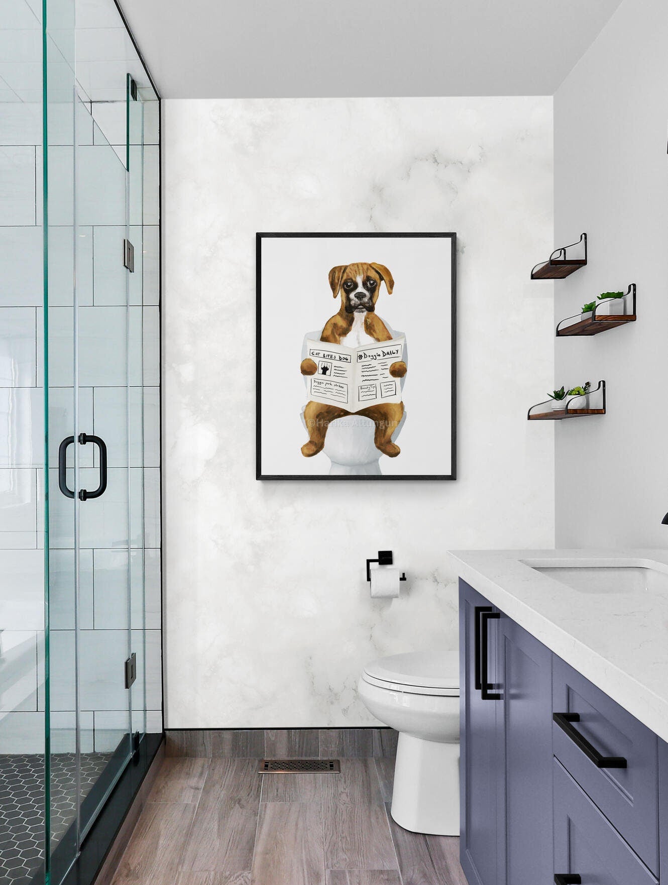 Brown Boxer On Toilet Print, Dog In Bathroom, Animal Bathroom Wall Art, Dog Memorial Painting, Puppy In Bath Print, Pet Mom Dad Gift