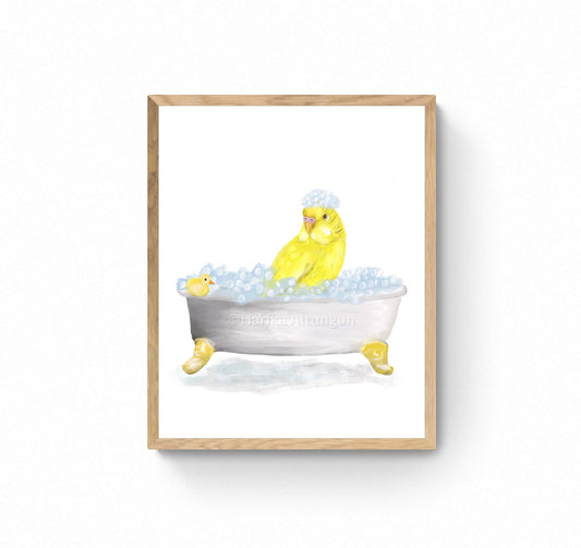 Yellow Parakeet Bathing Print, Budgie In Bathtub, Bathroom Wall Art, Bird Memorial Painting, Bird Relaxing In Bath Print, Bird Lover Art