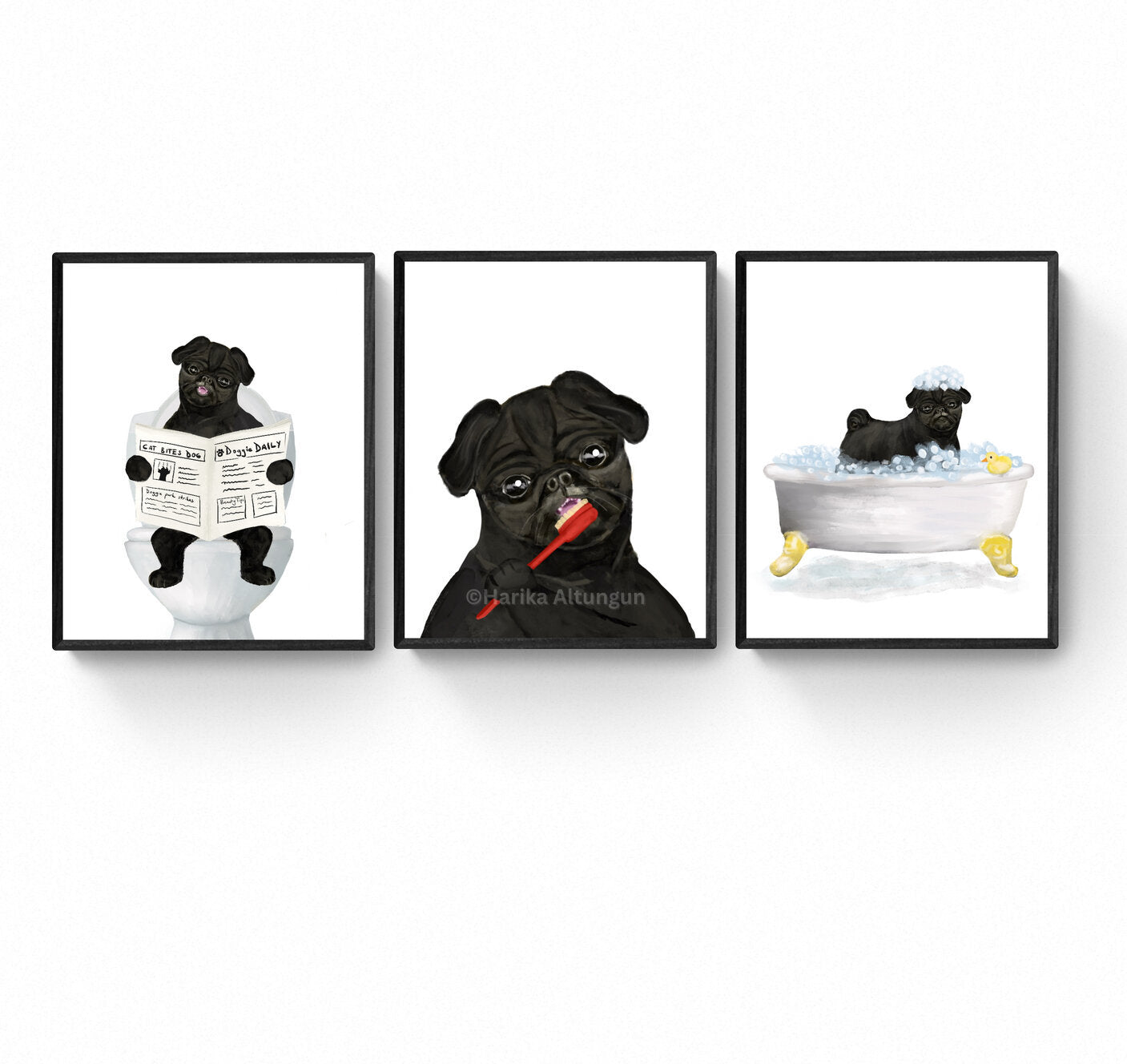 Set of 3 Black Pug In Bath Prints, Dog Sitting on Toilet Print, Bathroom Dog Painting, Dog Reading Newspaper Print, Pug Lover Gift