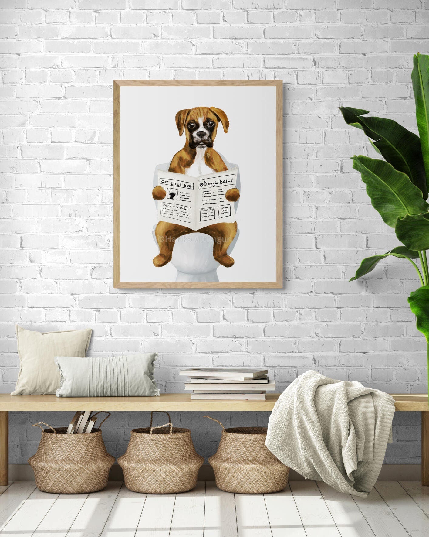 Brown Boxer On Toilet Print, Dog In Bathroom, Animal Bathroom Wall Art, Dog Memorial Painting, Puppy In Bath Print, Pet Mom Dad Gift