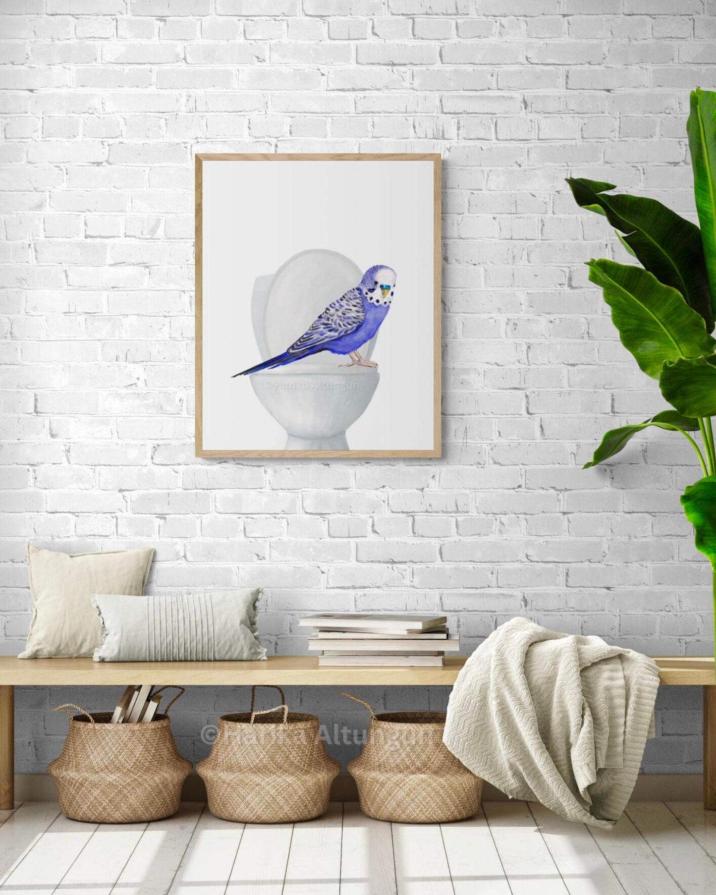 Purple Parakeet On Toilet Print, Budgie Artwork, Bathroom Wall Art, Bird Memorial Painting, Bird Relaxing In Bath Print, Bird Lover Gift