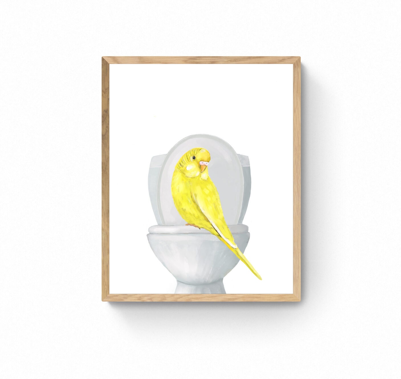 Yellow Parakeet On Toilet Print, Budgie Artwork, Bathroom Wall Art, Bird Memorial Painting, Bird Relaxing In Bath Print, Bird Lover Art