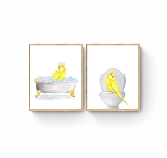 Yellow Parakeet In Bath Set of 2 Print, Budgie Artwork, Bathroom Wall Art, Bird Memorial Painting, Bird Relaxing In Bath Print, Bird Lover