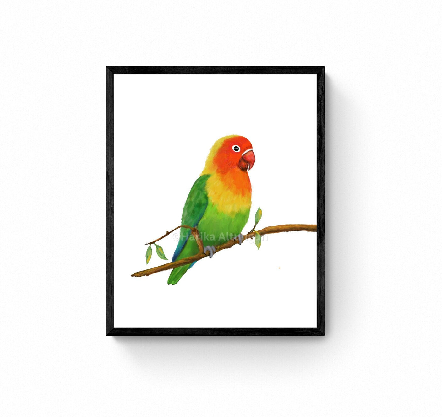 Lovebird on Branch Art, Parrot Painting, Bird Lover Art, Bird Mom Dad Gift, Kitchen Wall Decor, Tropical Bird Memorial, Home Wall Print