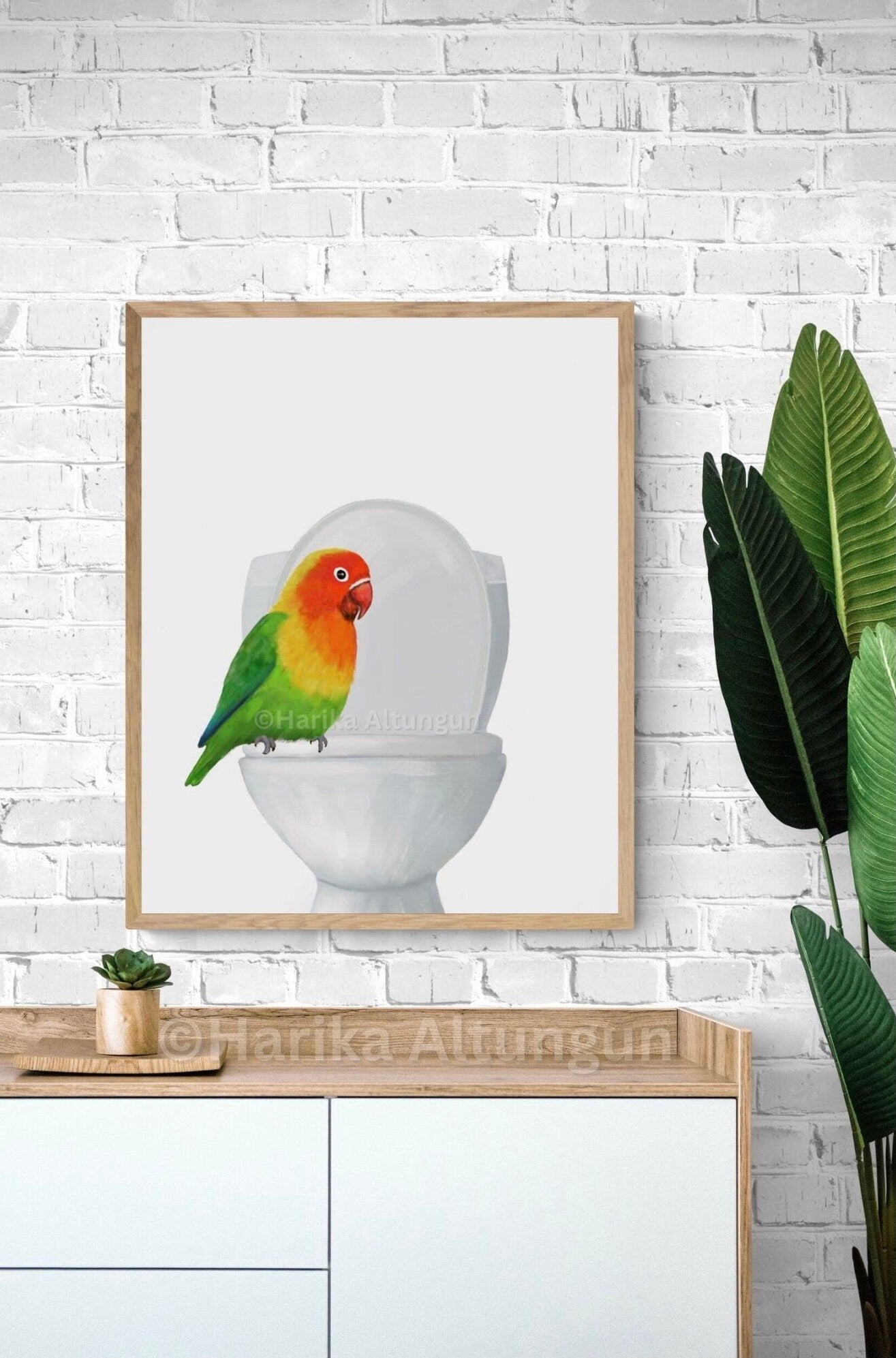 Lovebird On Toilet Print, Parrot Artwork, Bathroom Wall Art, Bird Memorial Painting, Tropical Bird Relaxing In Bath Print, Bird Lover Art