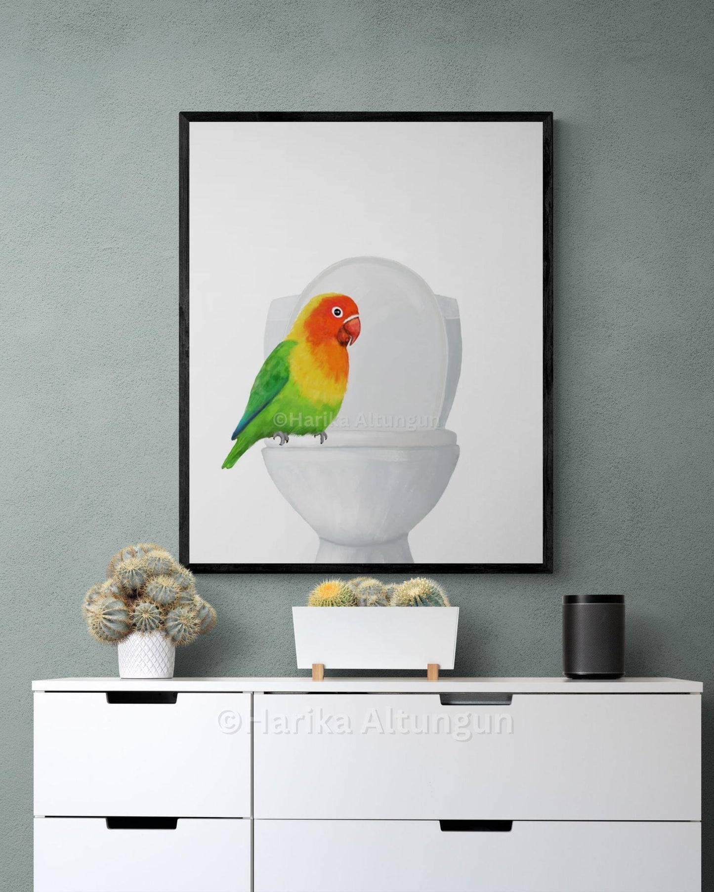 Lovebird On Toilet Print, Parrot Artwork, Bathroom Wall Art, Bird Memorial Painting, Tropical Bird Relaxing In Bath Print, Bird Lover Art