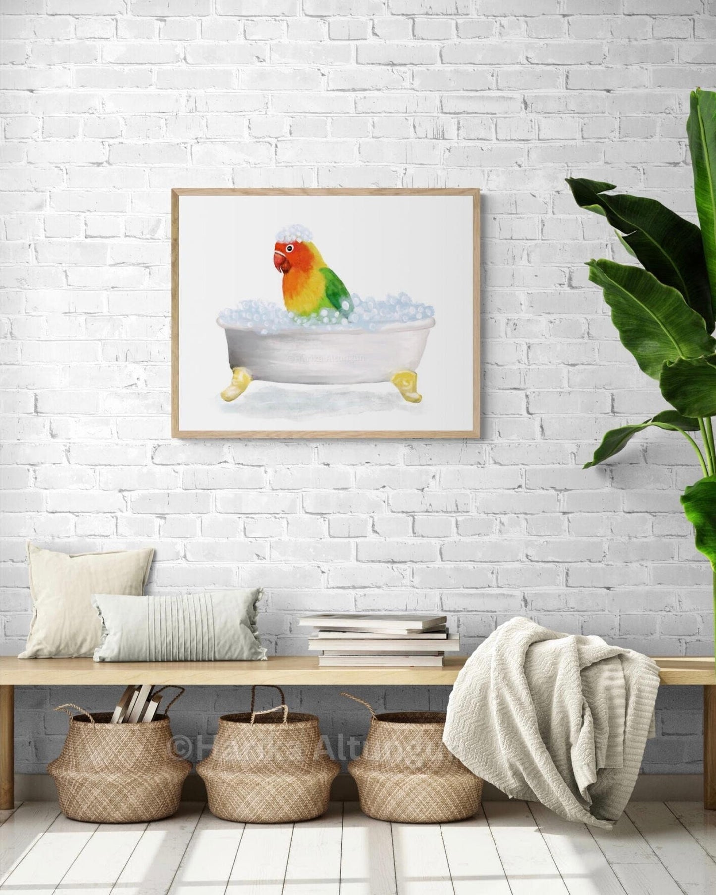 Tropical Lovebird Bathing Print, Parrot In Bathtub, Bathroom Wall Art, Bird Memorial Painting, Bird Relaxing In Bath Print, Bird Lover Art